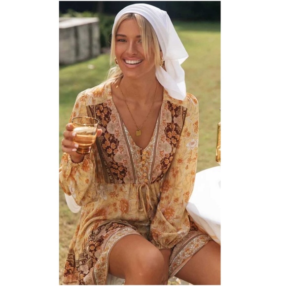 Boho Gypsy Floral print Tassel Dress Yellow Vneck - Picture 2 of 6